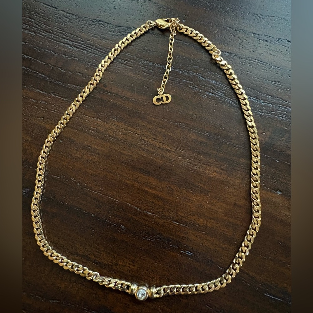 Christian Dior vintage necklace with rhinestone solitaire, yellow gold plated.